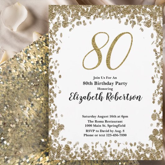 Elegant 80th Birthday Invitation For Her in Gold Kaart