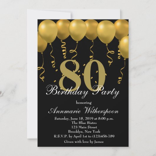 Elegant 80th Birthday Invitation Gold Balloons Kaart (Voorkant)