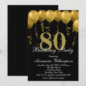 Elegant 80th Birthday Invitation Gold Balloons Kaart (Voorkant / Achterkant)