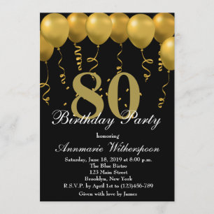 Elegant 80th Birthday Invitation Gold Balloons Kaart