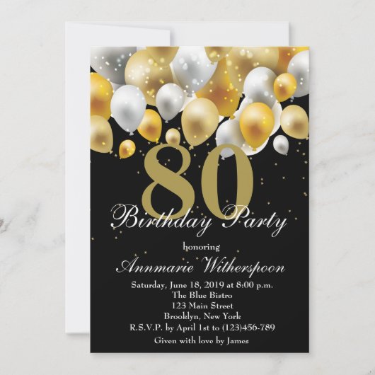Elegant 80th Birthday Invitation Gold Balloons Kaart (Voorkant)