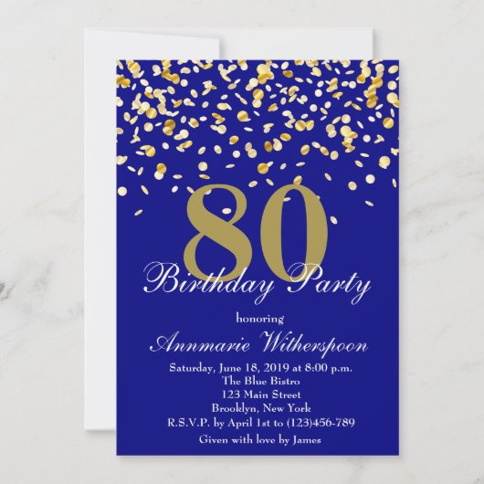Elegant 80th Birthday Invitation Gold Confetti Kaart (Voorkant)