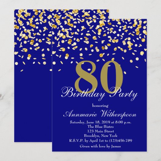 Elegant 80th Birthday Invitation Gold Confetti Kaart (Voorkant / Achterkant)