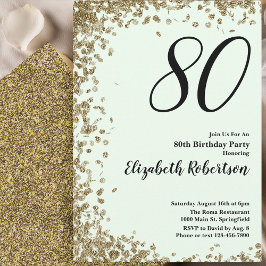 Elegant 80th Birthday Invitation Green Gold Sequin Kaart