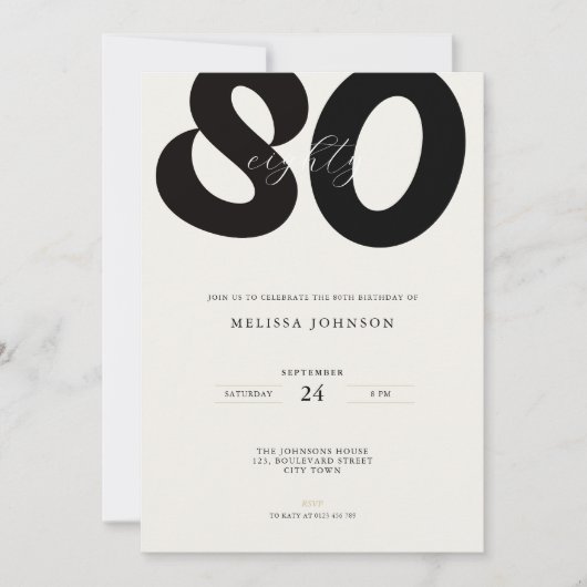 Elegant 80th Birthday Invitation - Minimal Style Kaart (Voorkant)
