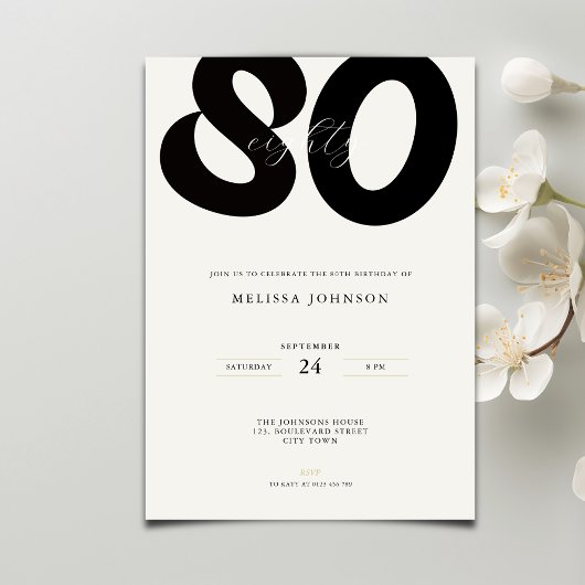 Elegant 80th Birthday Invitation - Minimal Style Kaart