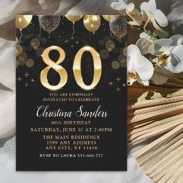 Elegant 80th Birthday Invitation with Gold Ballons Kaart