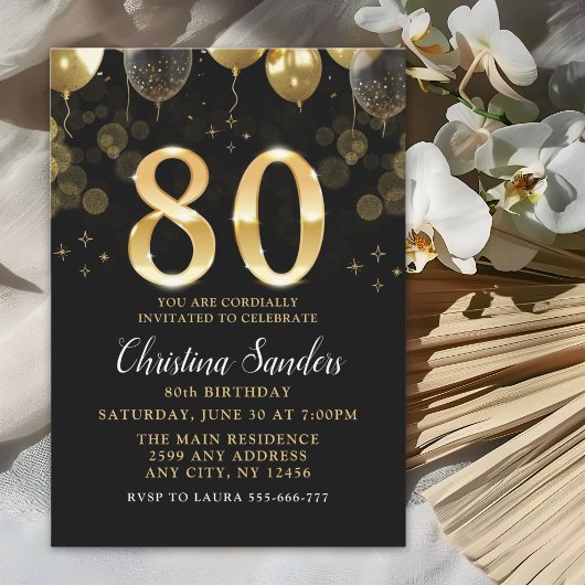 Elegant 80th Birthday Invitation with Gold Ballons Kaart