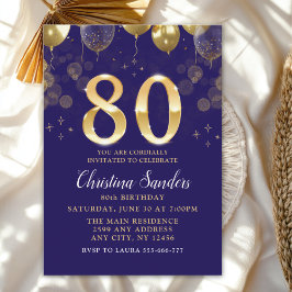 Elegant 80th Birthday Invitation with Gold Ballons Kaart