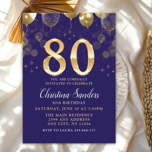 Elegant 80th Birthday Invitation with Gold Ballons Kaart