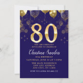 Elegant 80th Birthday Invitation with Gold Ballons Kaart (Voorkant)