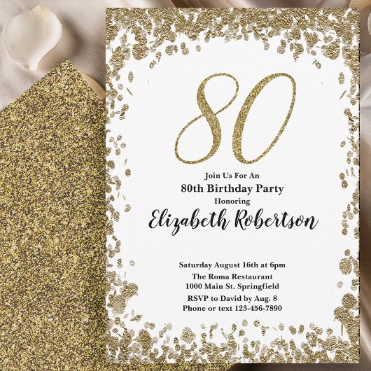 Elegant 80th Birthday Invitation With Gold Sequins Kaart