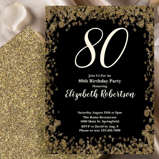 Elegant 80th Birthday Invitation With Gold Sequins Kaart