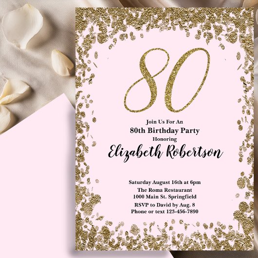 Elegant 80th Birthday Invitation With Gold Sequins Kaart