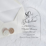 Elegant 80th Birthday Party Acryl Uitnodigingen<br><div class="desc">Chic heldere acryl 80ste verjaardag uitnodiging met "80 & Fabulous" en haar naam in elegante scripts en de partij details in eenvoudige,  moderne typografie.</div>