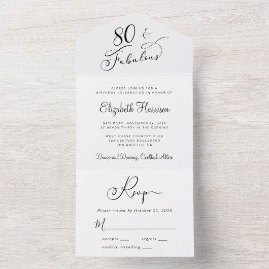 Elegant 80th Birthday Party All In One Uitnodiging (Binnen)