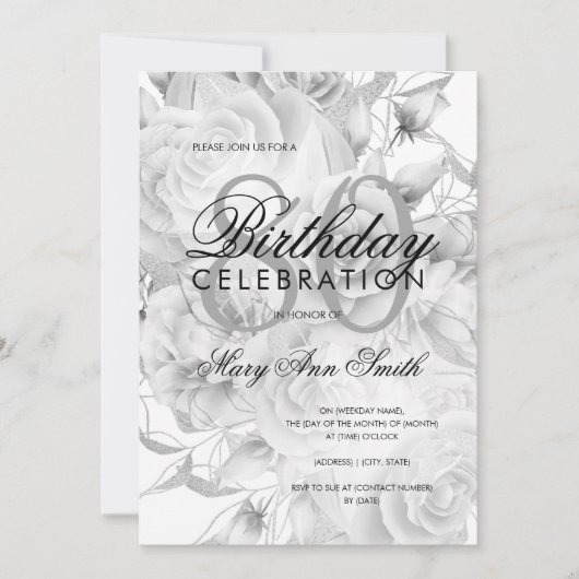 Elegant 80th Birthday Party Floral Silver White Kaart (Voorkant)