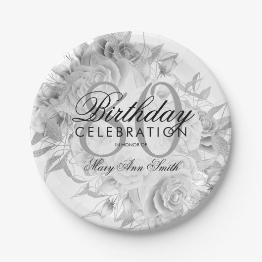 Elegant 80th Birthday Party Floral Silver White Papieren Bordje (Voorkant)