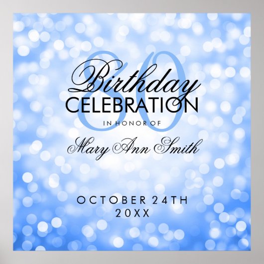 Elegant 80th Birthday Party Glitter Lights Blue Poster (Voorkant)