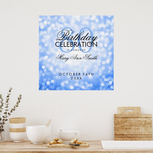 Elegant 80th Birthday Party Glitter Lights Blue Poster (Keuken)