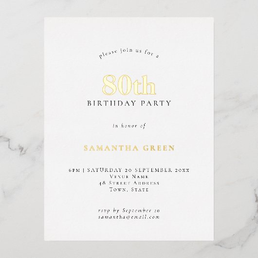 Elegant 80th Birthday Party Luxury Real Folie Uitnodiging Briefkaart (Voorkant)