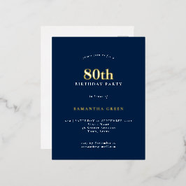 Elegant 80th Birthday Party Navy Blue Glam Folie Uitnodiging Briefkaart