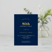 Elegant 80th Birthday Party Navy Blue Glam Folie Uitnodiging Briefkaart (Staand Voorkant)