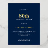 Elegant 80th Birthday Party Navy Blue Glam Folie Uitnodiging Briefkaart (Voorkant)