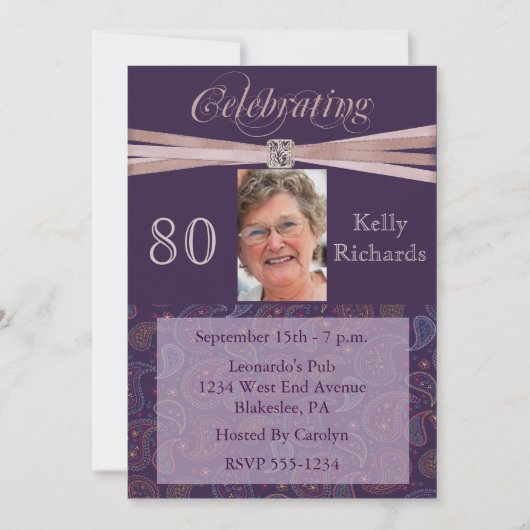 Elegant 80th Birthday Party Photo Invitations Kaart (Voorkant)