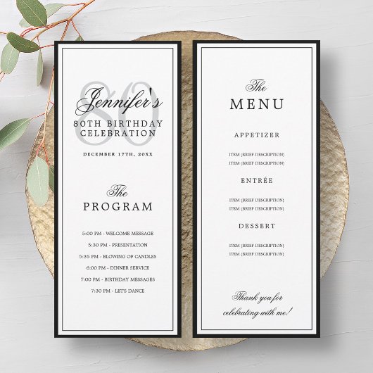 Elegant 80th Birthday Party Program + Menu  Kaart