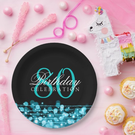 Elegant 80th Birthday Party Sparkles Turquoise Papieren Bordje (Feest)