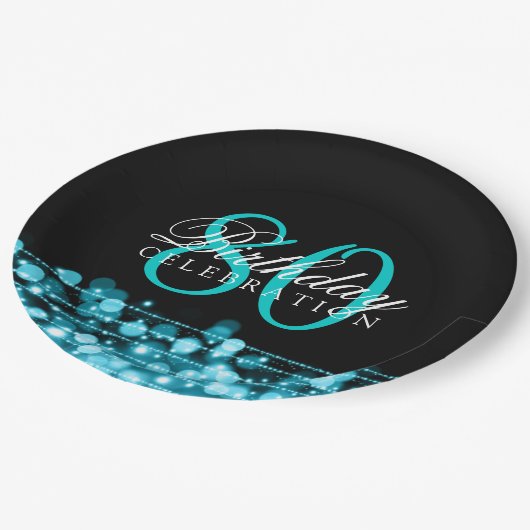 Elegant 80th Birthday Party Sparkles Turquoise Papieren Bordje (Gekanteld)