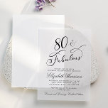 Elegant 80th Birthday Party Vellum Uitnodigingen<br><div class="desc">Verhoog haar 80e verjaardagsfeest met deze elegante en chique vellum-uitnodiging met "80 & Fabulous" en haar naam in klassieke kalligrafiescripts en haar feestdetails in eenvoudige,  moderne typografie. Bedek het op haar favoriete foto voor een verfijnde en tijdloze touch.</div>