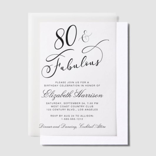 Elegant 80th Birthday Party Vellum Uitnodigingen (Offset)