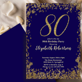 Elegant 80th Blue Birthday Invitation Gold Sequin Kaart