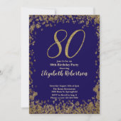Elegant 80th Blue Birthday Invitation Gold Sequin Kaart (Voorkant)