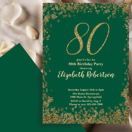 Elegant 80th Green Birthday Invitation Gold Sequin Kaart