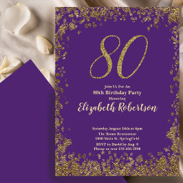 Elegant 80th Purple Birthday Invitation Gold  Kaart