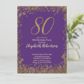 Elegant 80th Purple Birthday Invitation Gold  Kaart (Staand voorkant)