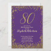Elegant 80th Purple Birthday Invitation Gold  Kaart (Voorkant)