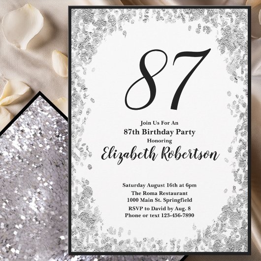 Elegant 87th Birthday Invitation For Her in Silver Kaart