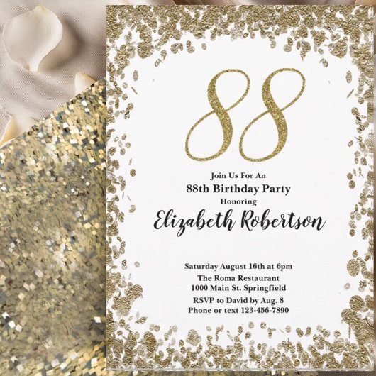 Elegant 88th Birthday Invitation For Her in Gold Kaart