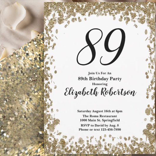 Elegant 89th Birthday Invitation For Her in Gold Kaart