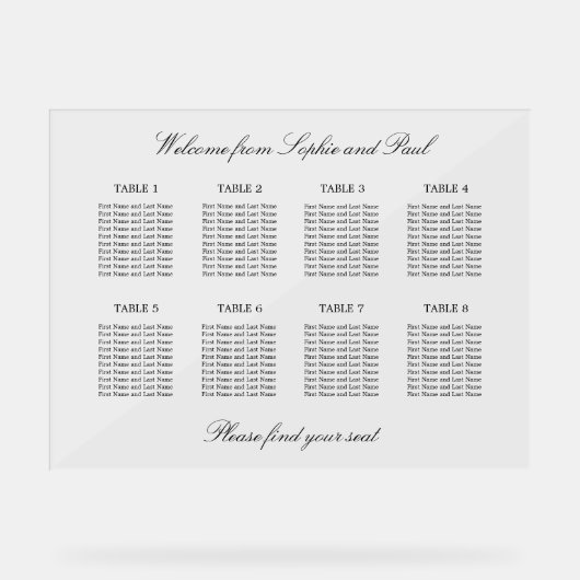 Elegant 8 tafel zitgrafiek Acryl teken Acryl Bord (Voorkant)