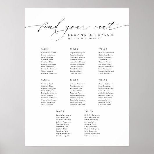 Elegant 8 Tafels Welkom Zitplaatskaart Poster (Voorkant)