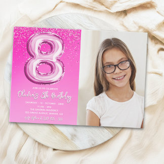 Elegant 8th Birthday Pink Number Balloon with phot Kaart