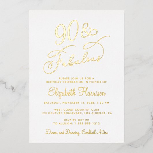 Elegant 90 en fantastisch 90ste verjaardagsfeest folie uitnodiging (Voorkant)