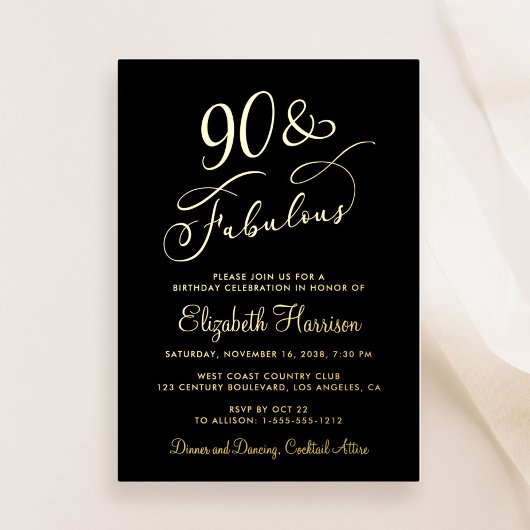 Elegant 90 en fantastisch zwart 90ste verjaardagsf folie uitnodiging