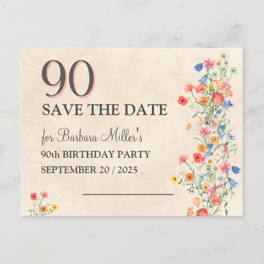 Elegant 90 Save The Date - Bloemen 90ste verjaarda Aankondigingskaart (Voorkant)