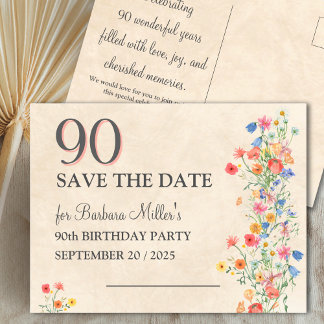 Elegant 90 Save The Date - Bloemen 90ste verjaarda Aankondigingskaart